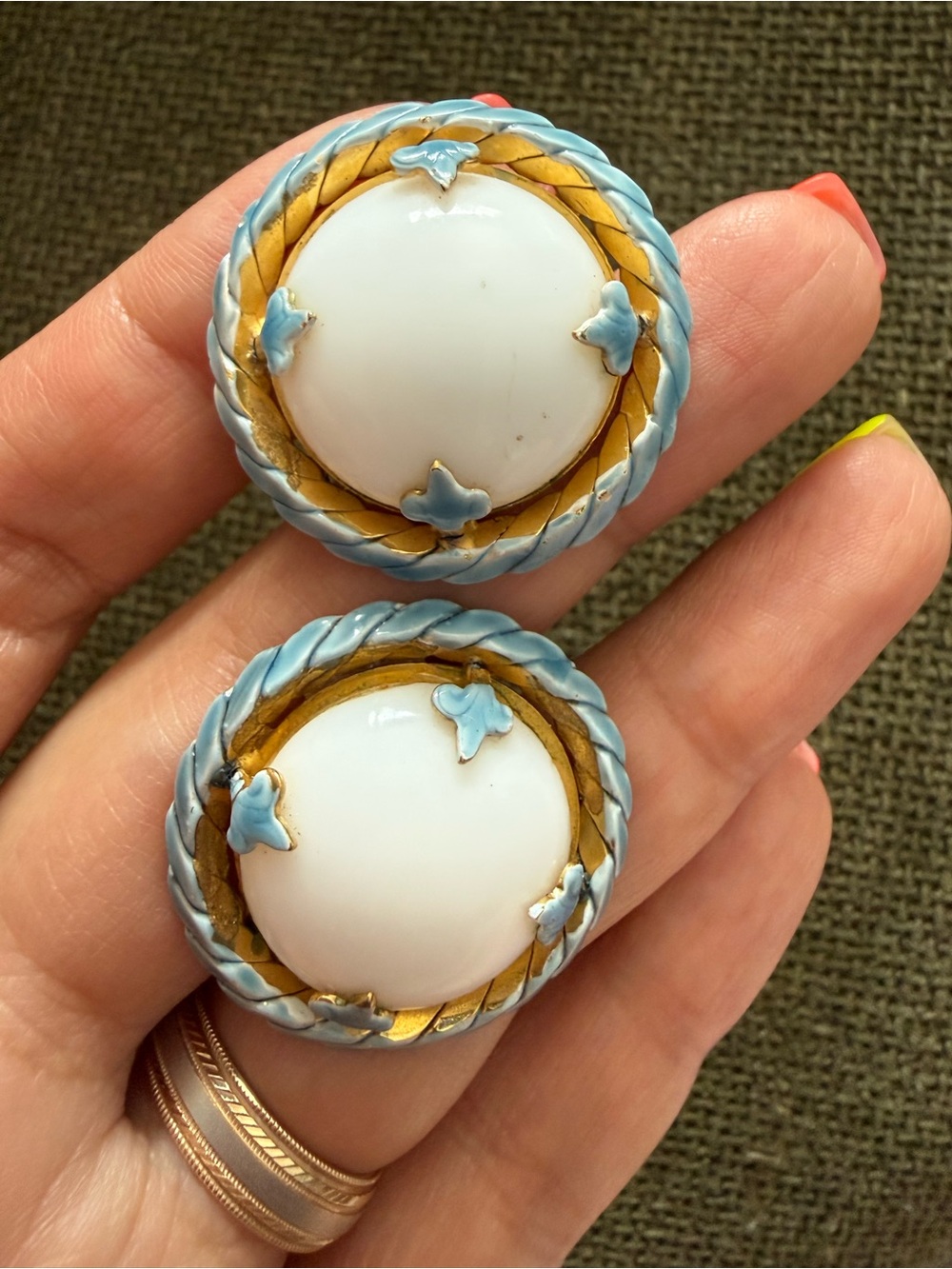 White Enamel and Gold-Tone Round Clip Earrings with Pale Blue Accents
